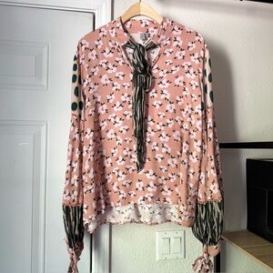 BLANK LONDON pink striped floral pull long sleeve tie neck blouse shirt top